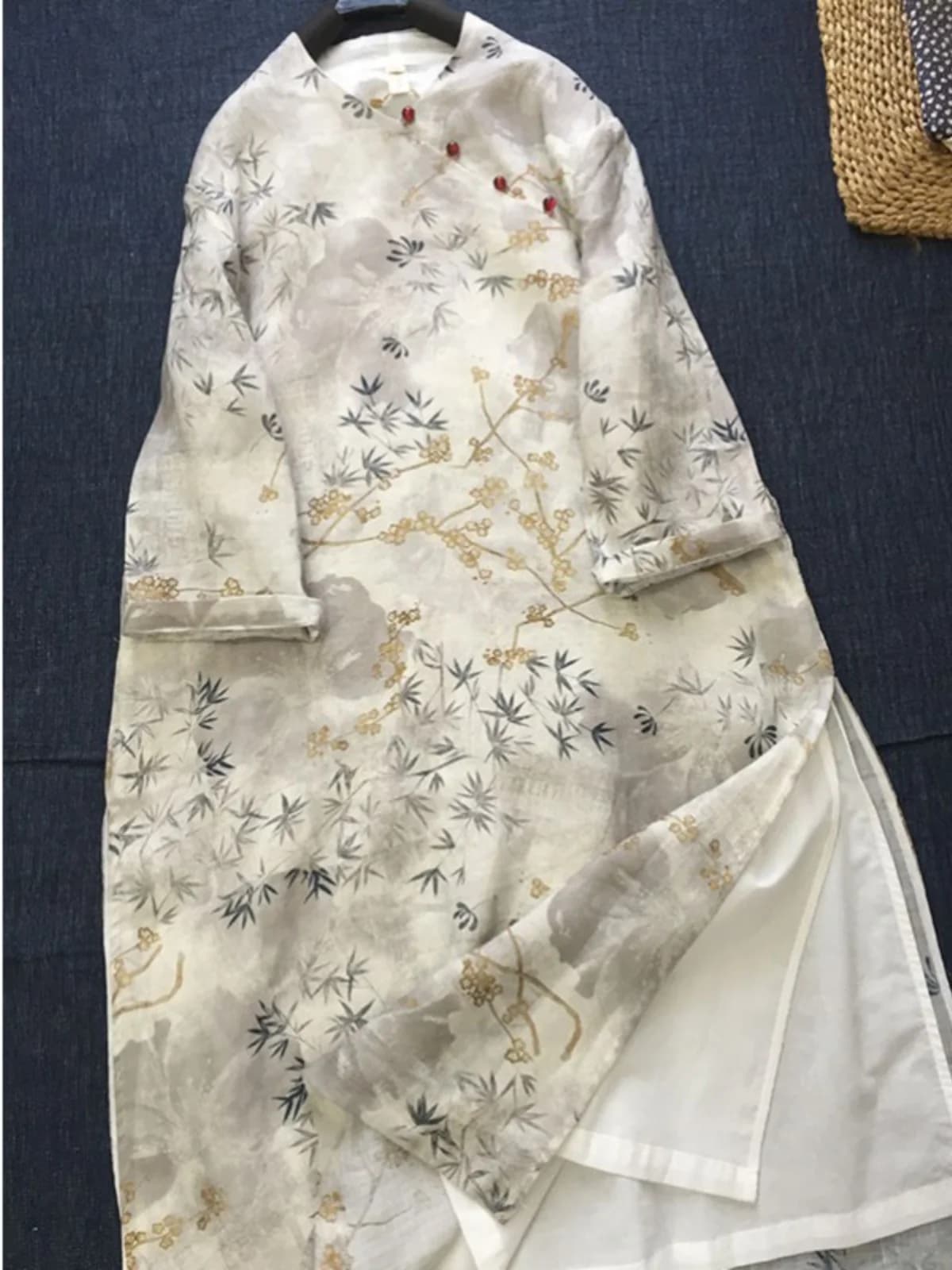 Abito midi estivo da donna in cotone e lino, stile vintage, con stampa, scollo a V, gonna a trapezio con bottoni laterali - Ultimi pezzi del brand