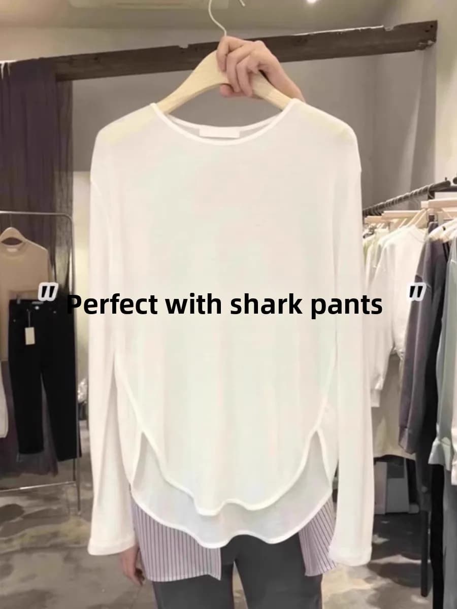 Maglietta Bianca a Maniche Lunghe da Donna per Protezione Solare, Copricostume Estivo Midi per Yoga, Pantaloni Sottili Shark Traspiranti e Assorbenti, Stile Coreano