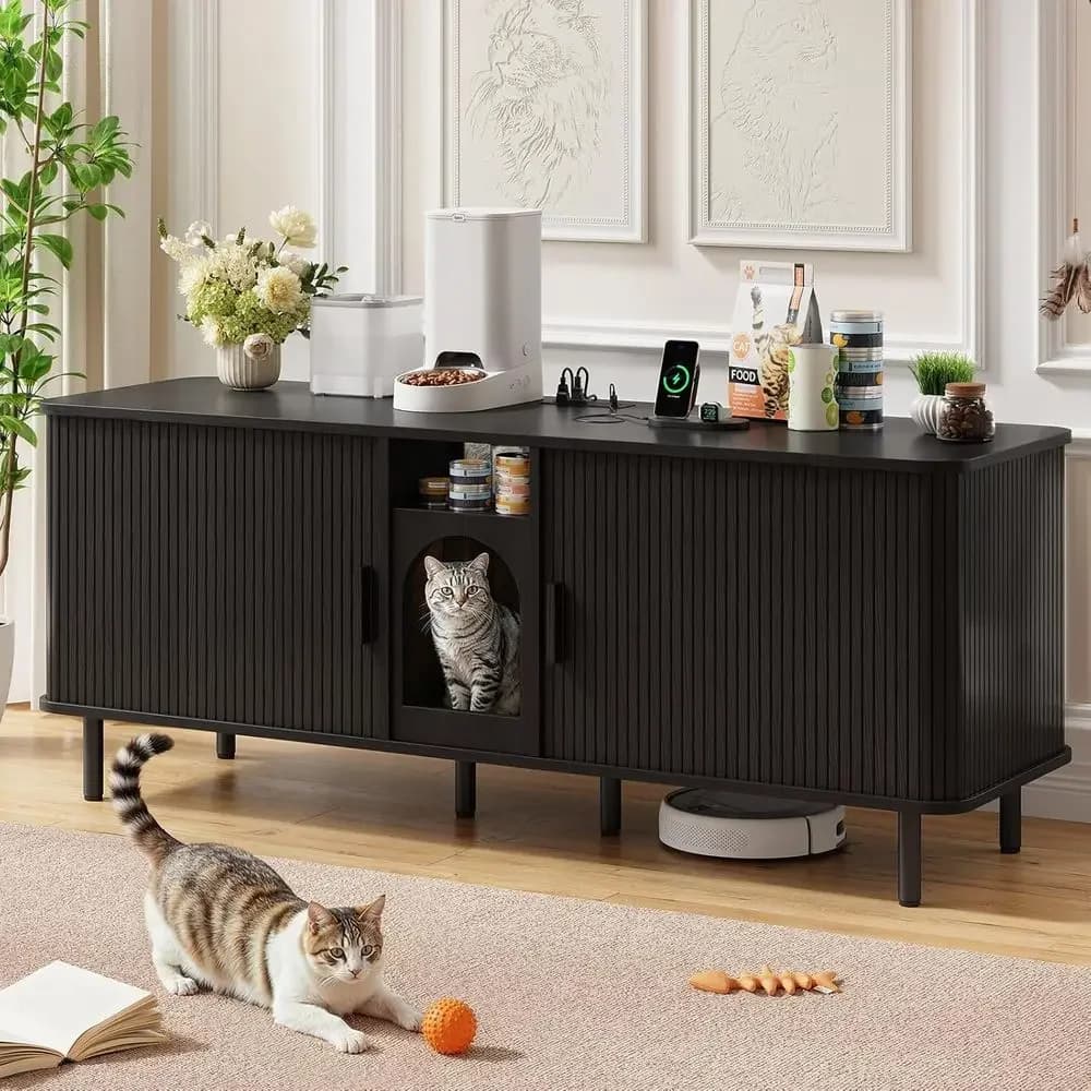 65 Dual-Cat Litter Box Enclosure with Hidden Outlets, Large Indoor Pet House, Modern TV Stand-Style, Black