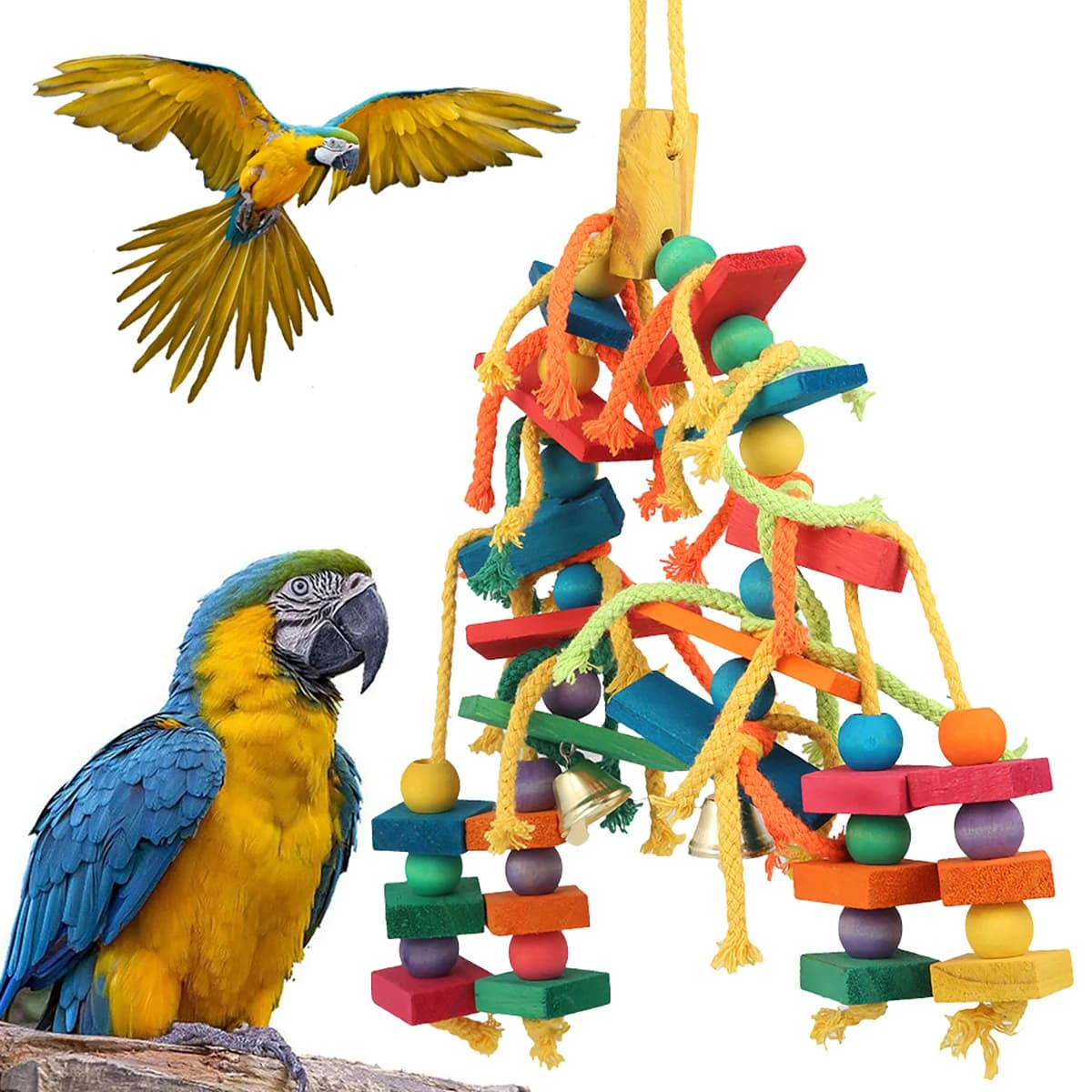 Giocattolo da masticare per pappagalli sicuro con gancio Perline di legno colorate Corde Blocchi naturali Giocattoli da strappo per uccelli piccoli e medi Mini ara
