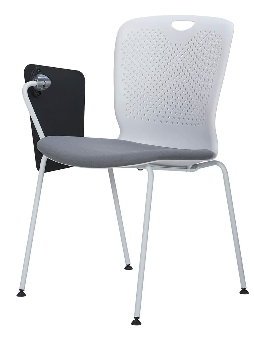 A stackable PP white plastic training chair with modern design with seat cushion