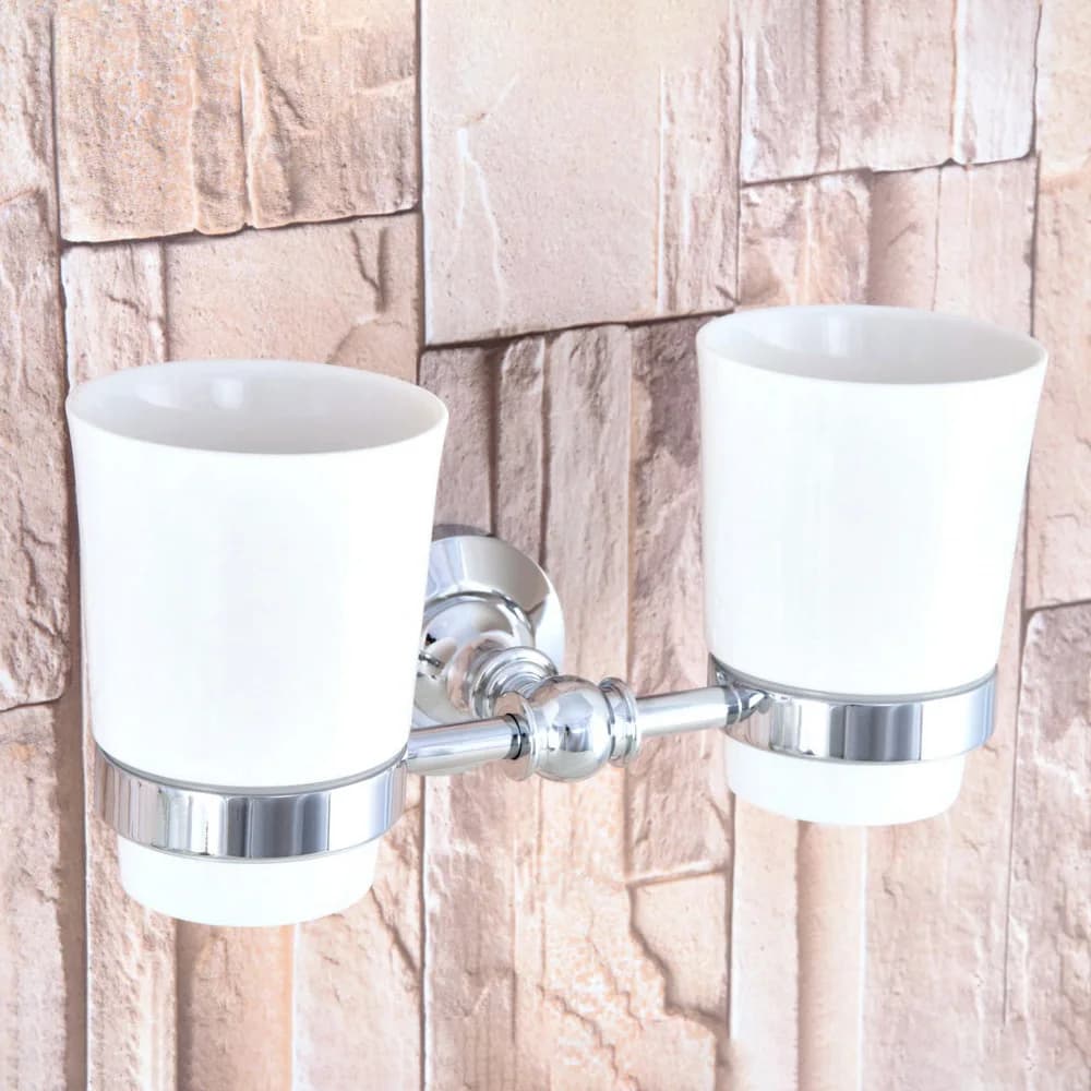 Portaspazzolino da bagno cromato lucido + due tazze in ceramica Accessori da bagno a parete Nba798