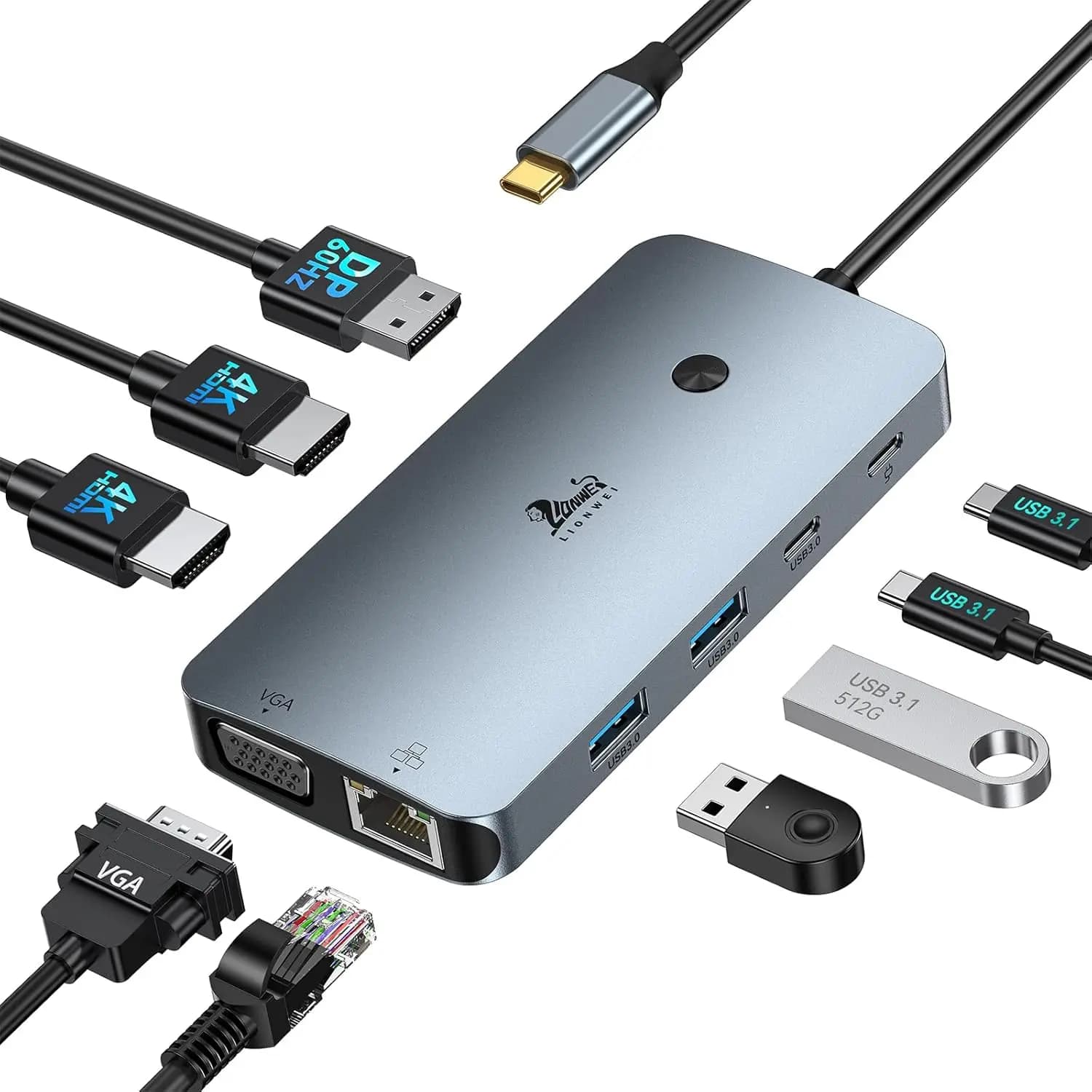 Docking Station USB C 9-in-1 per Laptop, Supporta 4 Monitor, Doppio HDMI+DP+VGA, Ricarica PD 100W