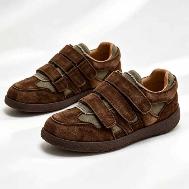 Vintage Brown Velcro Strap Flat Shoes for Women Fashion Canvas Spliced Derby Shoes Comfort Light Non-Slip Hiking Shoes Female