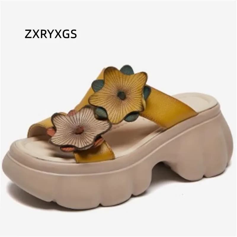 ZXRYXGS Sandali Donna alla Moda in Pelle Bovina/PU con Fiori, Ciabatte Estive 2025 con Suola Spessa e Tacco Alto, Sandali da Esterno