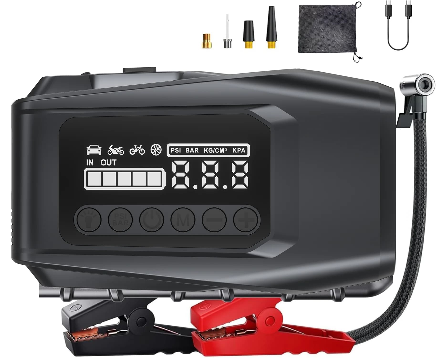 Avviatore d'Emergenza 4-IN-1 per Auto con Compressore d'Aria, Picco 1500A, Booster per Batteria Auto, Pompa d'Aria 150PSI, Power Bank Portatile, Gonfiatore Pneumatici