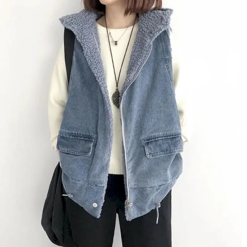 Gilet di jeans moda cappotto donna autunno inverno trendy imitazione lana di agnello gilet sciolto spesso caldo gilet con cappuccio giacca senza maniche
