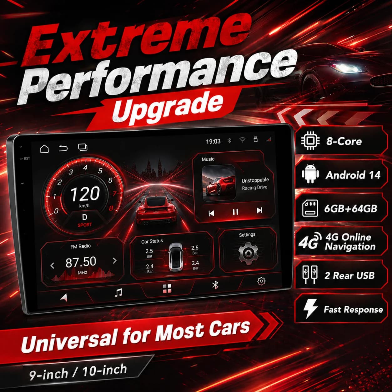 Autoradio XFY Android 14 con CarPlay e Android Auto, GPS, lettore multimediale 2 DIN universale da 9/10 pollici, stereo per auto con WiFi e schermo QLED