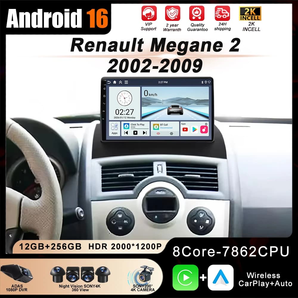 Autoradio Android 16 per Renault Megane 2 2002-2009, Lettore Multimediale Video, Navigazione GPS, Carplay, Senza DVD 2Din, QLED 2K