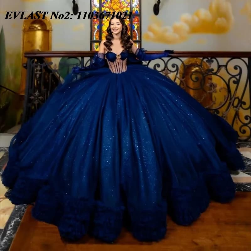 EVLAST Personalizzato Sparkly Blu Navy Abito Quinceanera Spalle Scoperte Paillettes Applique Perline Dolce 16 Abiti Da 15 Anos E2QA10