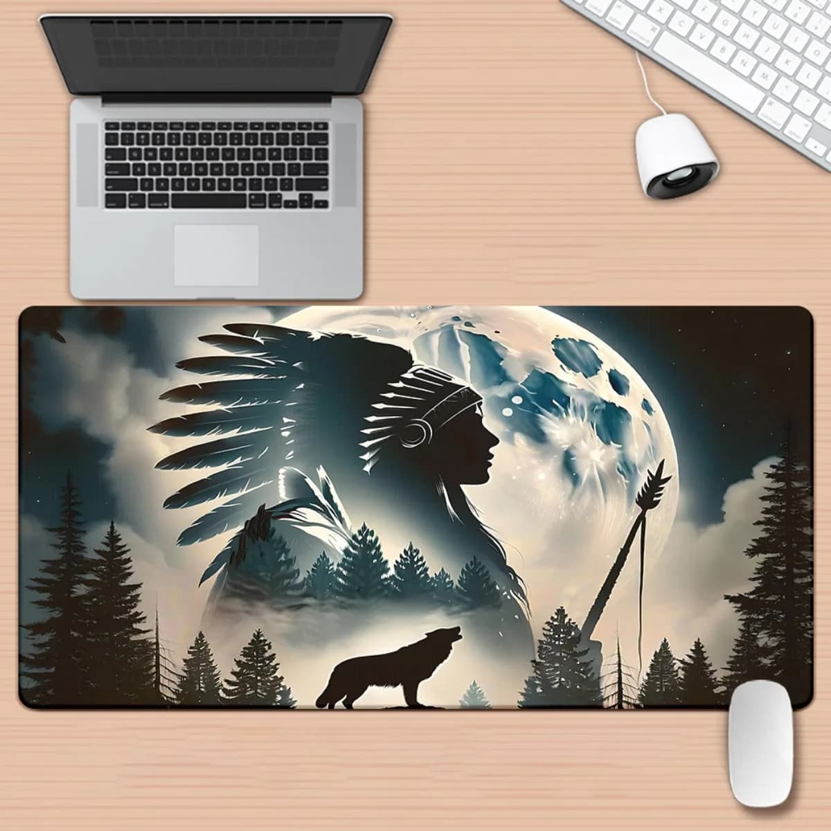 Tappetino per mouse XXL con motivo a silhouette lunare, tappetino da scrivania per gaming, base in gomma antiscivolo per PC e ufficio
