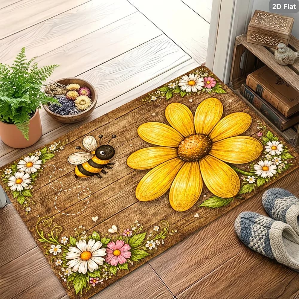 Tappeto d'ingresso botanico con girasoli, grazioso tappeto da pavimento con api, antiscivolo, per bagno e cucina, regalo di inaugurazione casa, decorazione per la casa