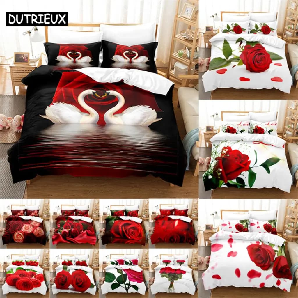 Stampa 3D Rosa Rossa - Set Copripiumino 3 Pezzi, Disponibile nelle Misure King, Queen, Full, Singolo e Doppio