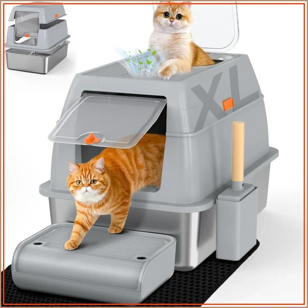 Extra Large Stainless Steel Litter Box with Lid, Easy Clean, Odor Control, Includes Scoop, Mat & Step