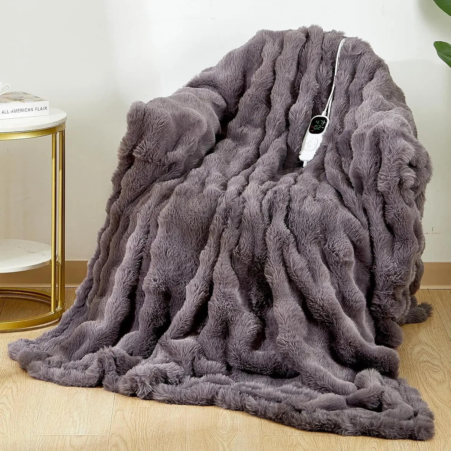 Coperta Elettrica in Morbida Pelliccia Sintetica con 6 Timer, 8 Livelli di Calore, Riscaldamento Rapido e Sicuro, Lavabile (150x200 cm, Grigio)
