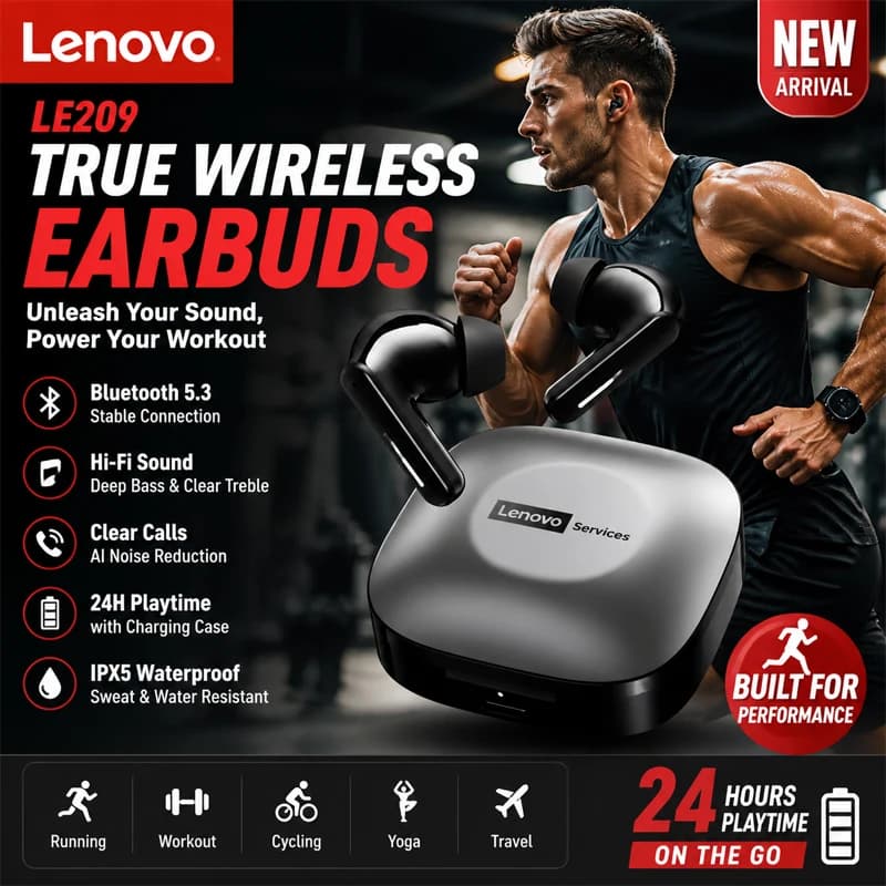 Nuove cuffie Lenovo LE209 wireless Bluetooth 6.0 con riduzione del rumore, cuffie HiFi sportive, cuffie da gioco a lunga durata