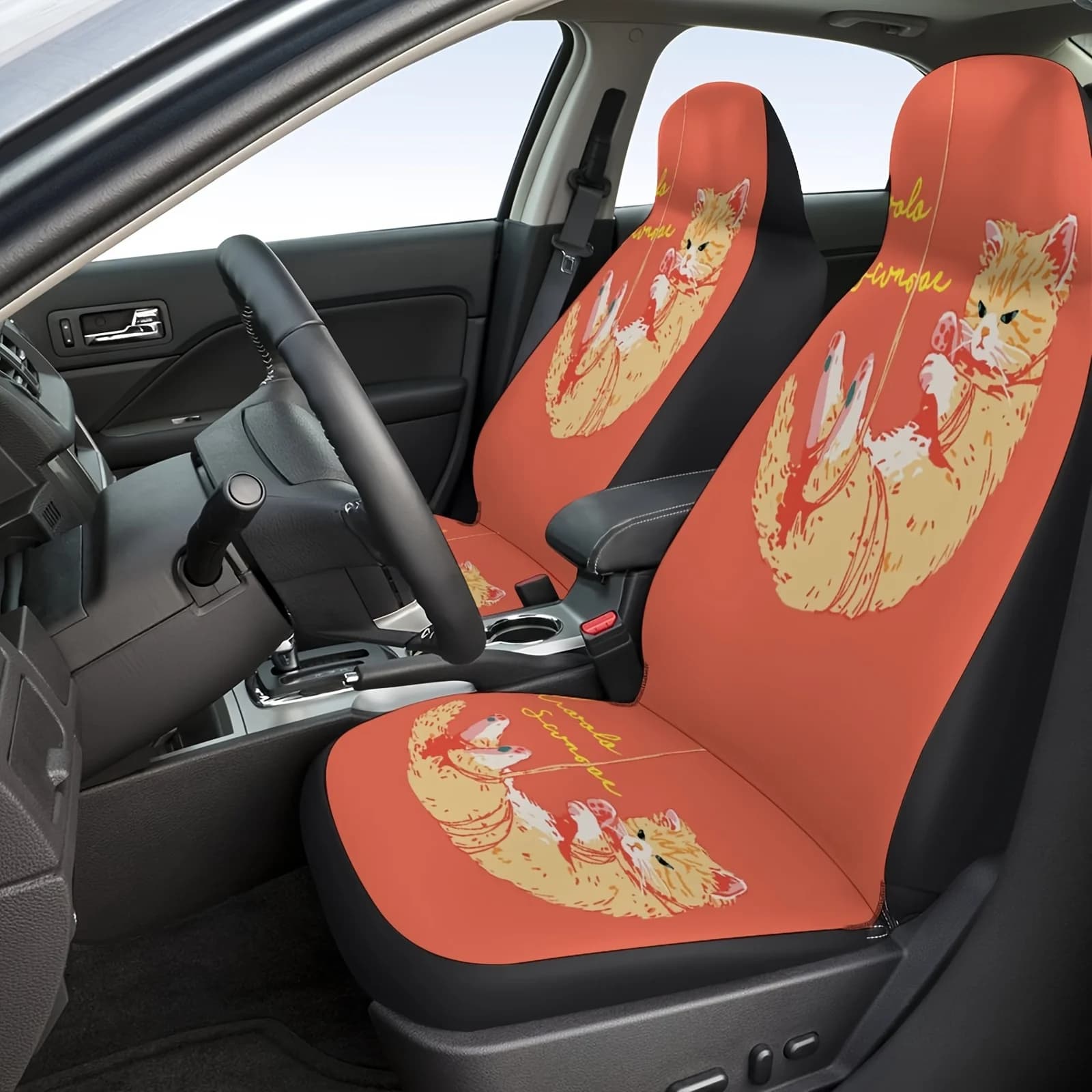 2 coperture interne per auto, traspiranti e antiscivolo, con un simpatico design arancione, perfette per la parte anteriore S con un animale giocoso