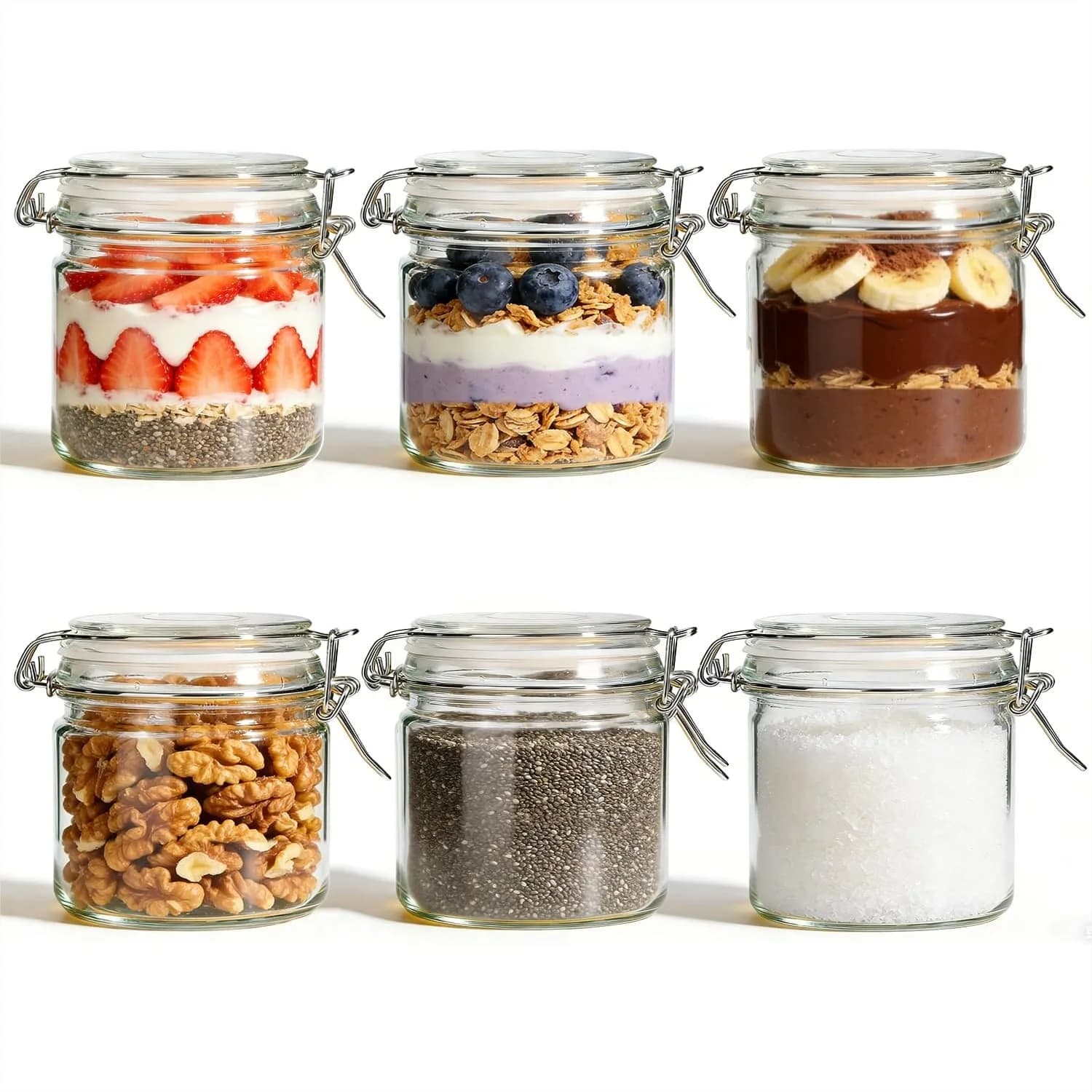 Contenitori per Overnight Oats da 17oz con Coperchi, Confezione da 6, Barattoli in Vetro a Bocca Larga per Preparazione Pasti, Contenitori Ermetici per Lievito Naturale