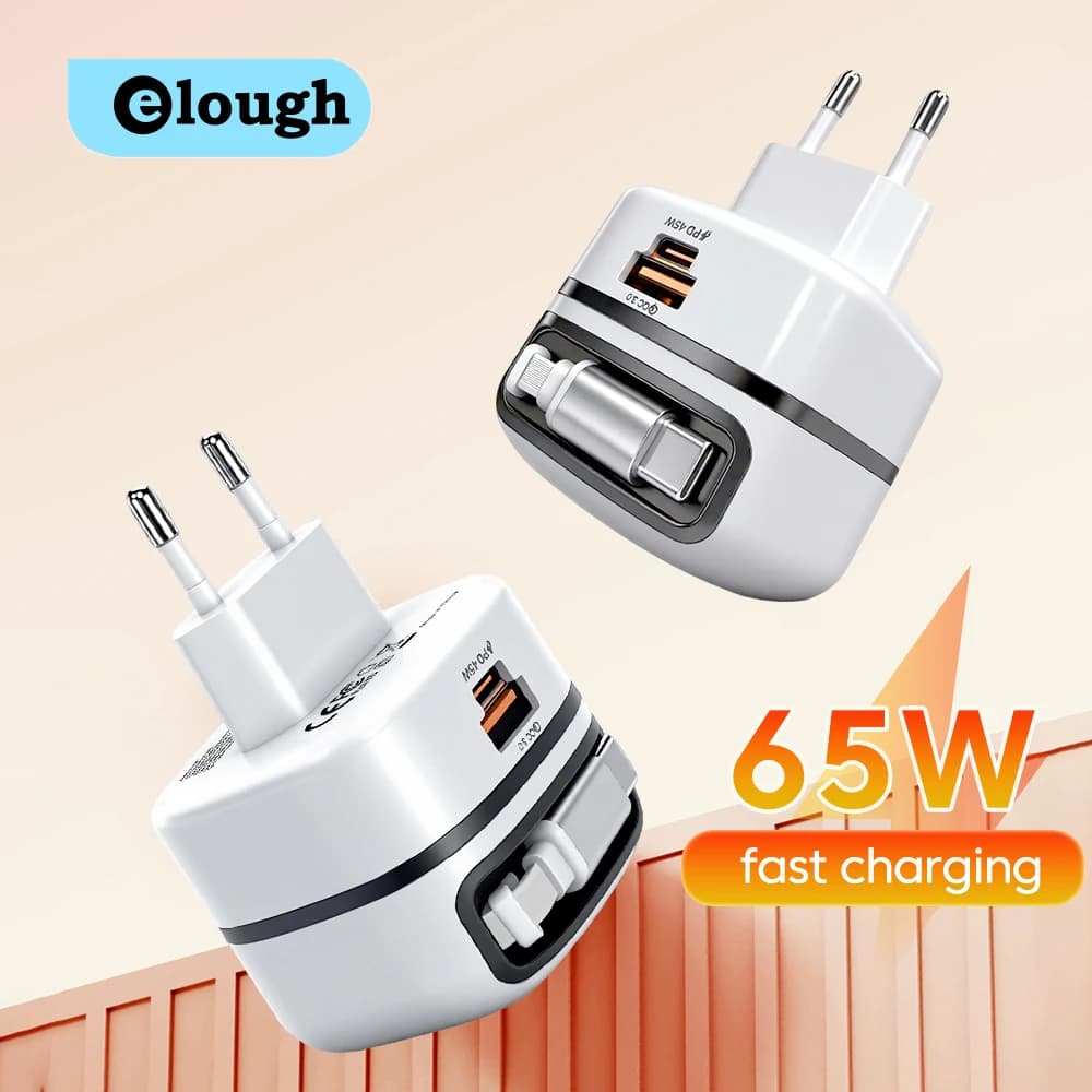 65W USB C Charger With Telescopic Cable EU UK Plug Fast Charging Charger Universal Travel Phone Charger For iPhone 15 16 ipad