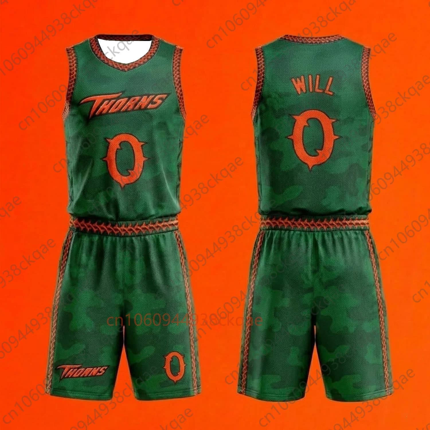 Set Maglia da Basket Vineland Thorns GOAT 2026 Will 0 Verde Mimetico in Rete, Canotta e Pantaloncini Sportivi