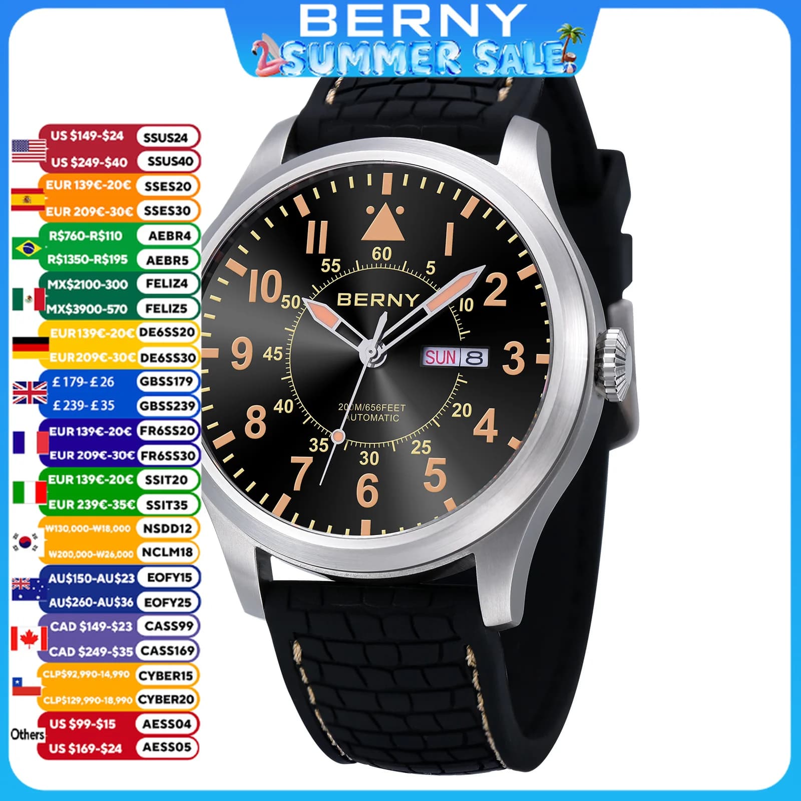 BERNY 20Bar Diver Orologio automatico da uomo 100% originale NH36 Aviation Sapphire Luminoso di grandi dimensioni impermeabile 20ATM Top orologi da uomo