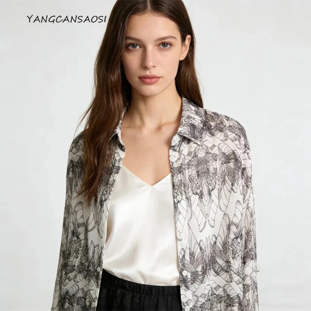 Top Sottile in Seta di Gelso 100% Naturale, Camicia Casual da Donna con Collo a Risvolto, Maniche Lunghe, Semi-Trasparente, Abbigliamento Protettivo Solare