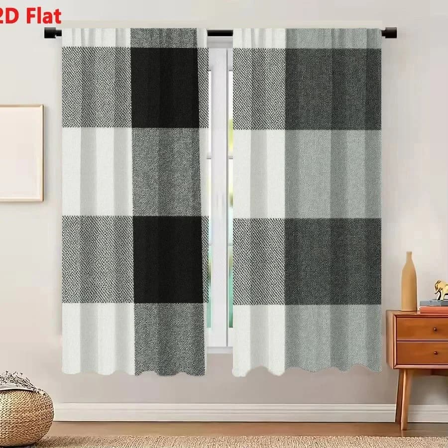 2Pcs Curtains 2D Flat Monochromatic Buffalo Check Plaid Textile Pattern With Diagonal Twill Weave In Black Charcoal And Cream Wi
