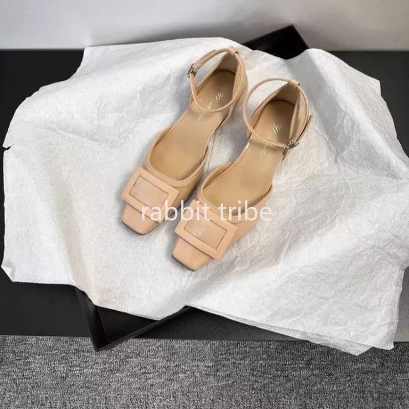 Nuovi Sandali da Donna a Due Pezzi con Tacco Basso, Punta Quadrata, Fibbia Quadrata, Colore Solido, Scarpe da Donna, Tacchi Alti da Donna
