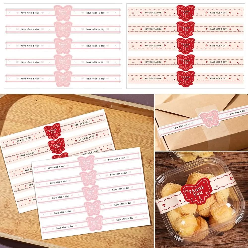 50PCS/Pack Bowknot Thank You Sealing Stickers Red Pink Have a Nice Day Packaging Sealing Sticker Long Strip Self-Adhesive