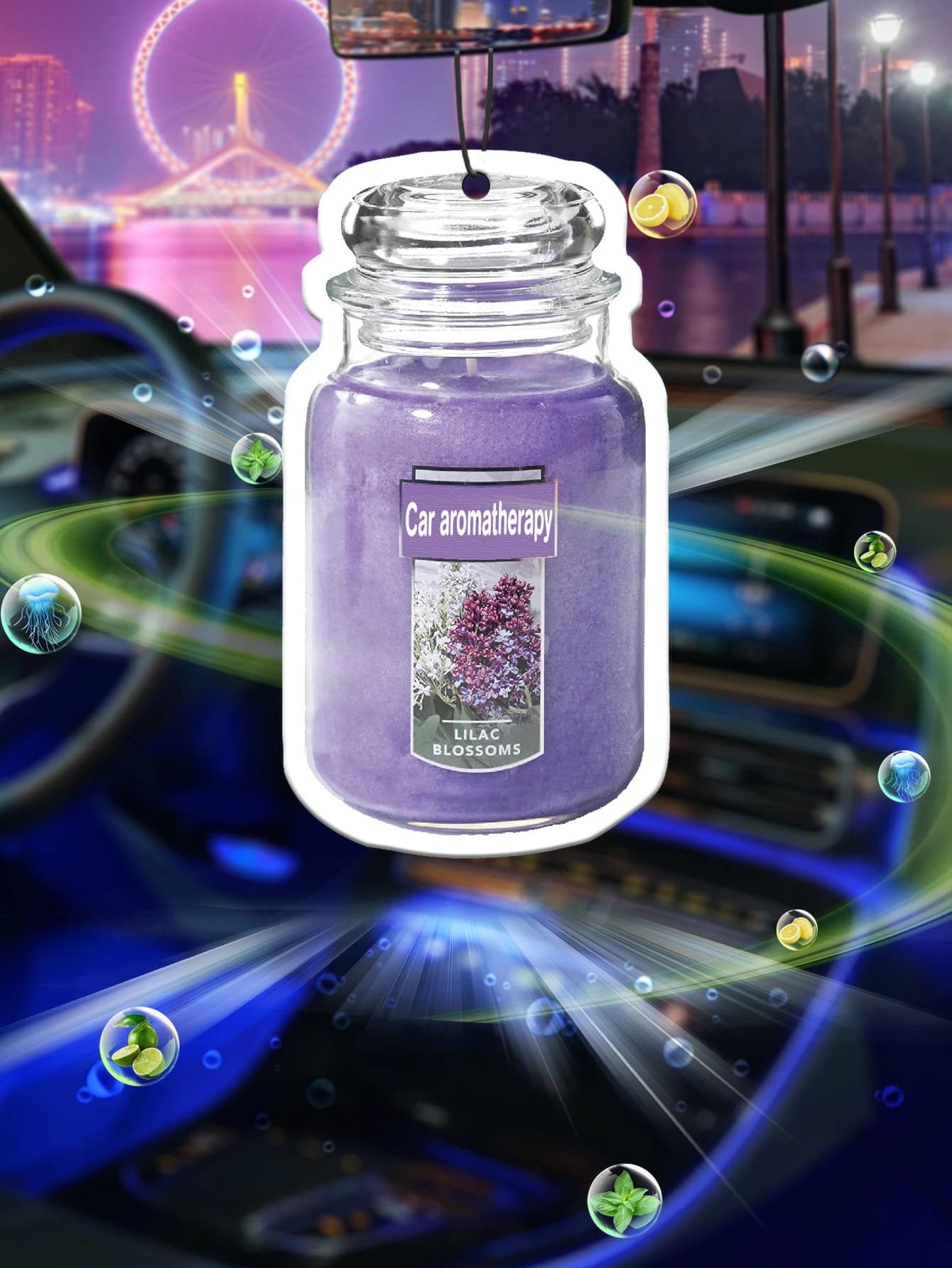 Profumatore per auto in vetro viola con fragranza a lunga durata, pendente per auto con diffusore di profumo.
