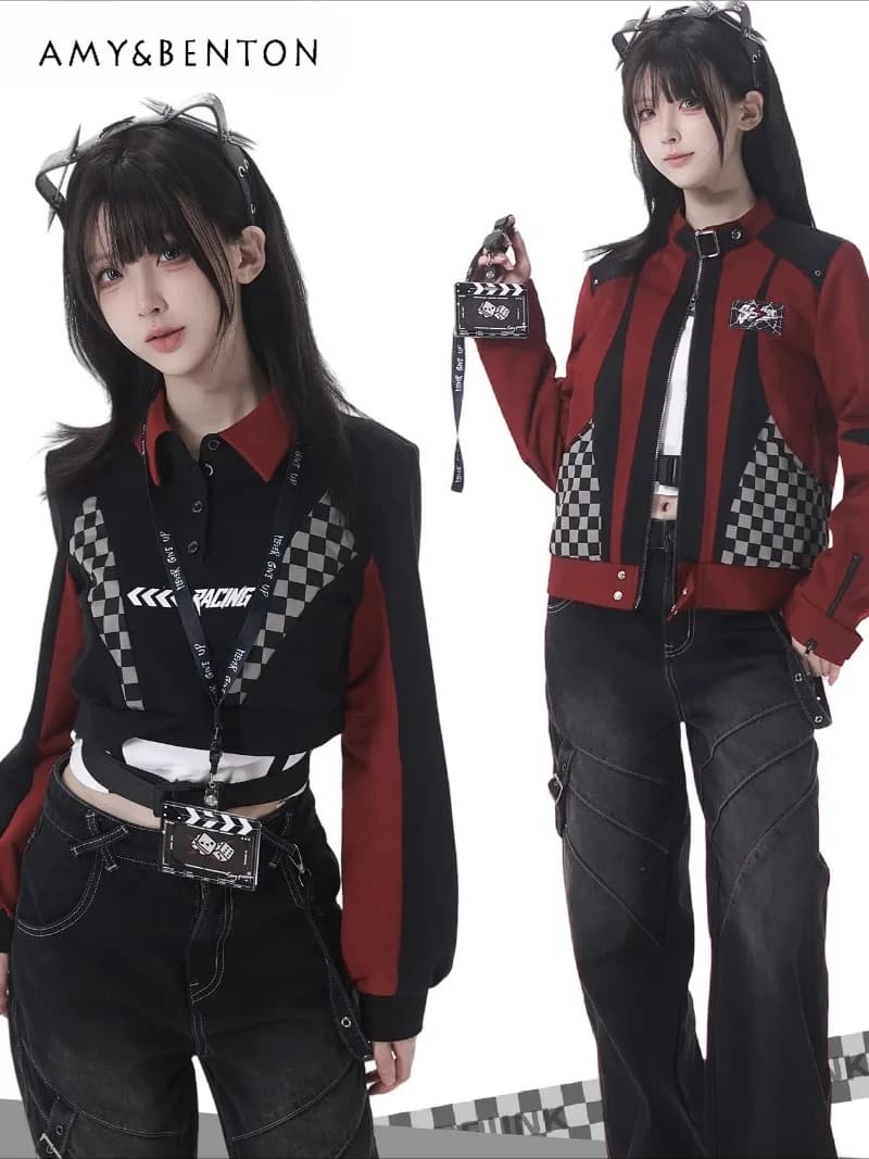 Dolce e fresco stile motociclistico Hot Girl Top patchwork rosso e nero Set di jeans Gotico Y2K Pantaloni dritti a vita alta Giacche corte