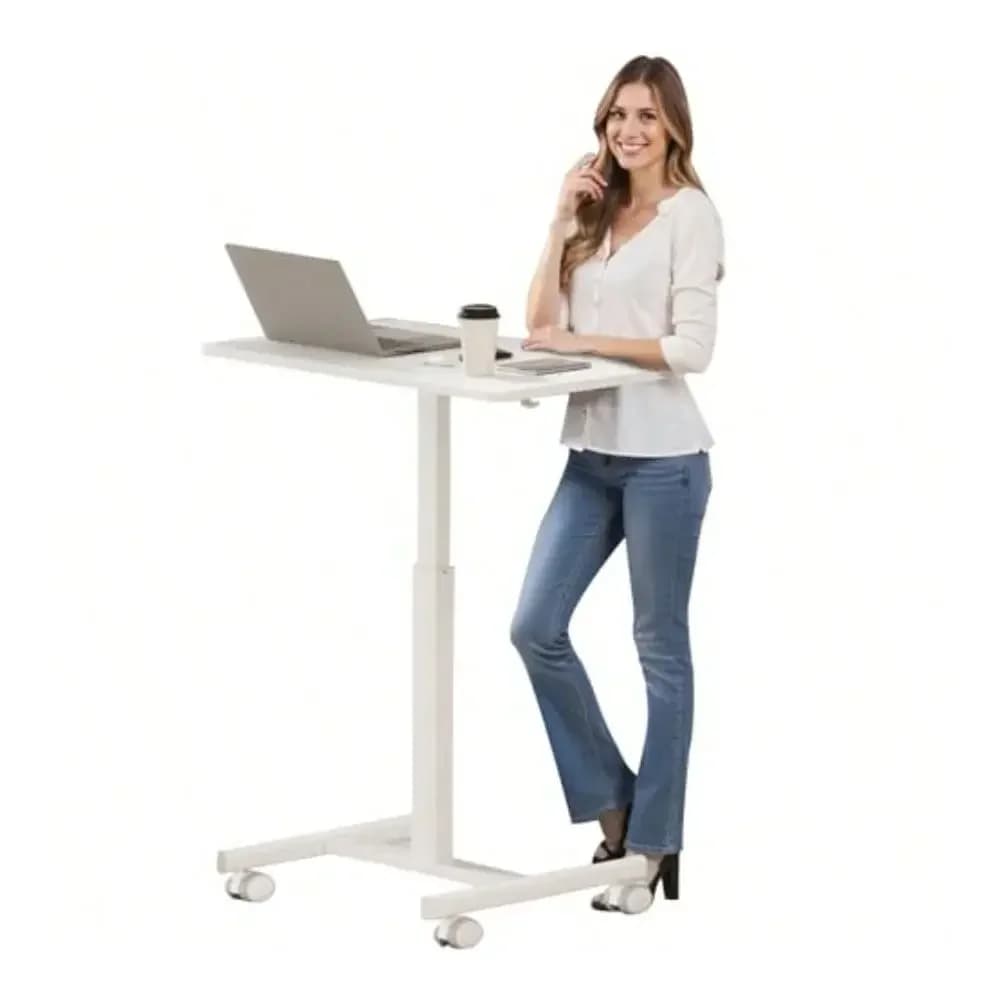 Small Standing Rolling Desk Adjustable Height, Portable Laptop Desk On Wheels, Workstation For Home Office With Hook, White