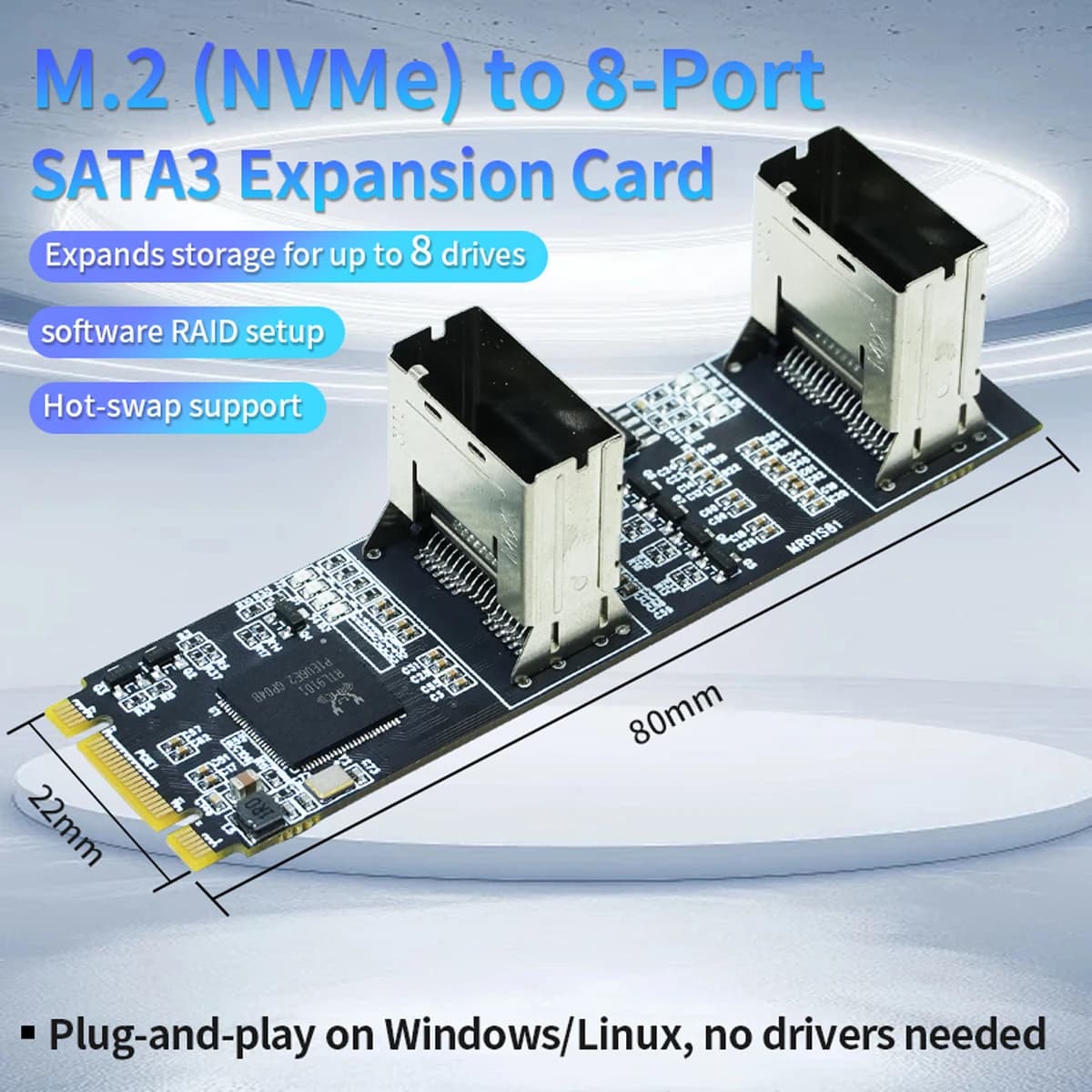 Scheda di espansione M.2 PCIe 3.0 x2 a SATA a 8 porte Adattatore SATA da 6 Gb/s NCQ Hot-Swap per HDD/SSD da 2,5/3,5" Compatibile con Windows/Linux