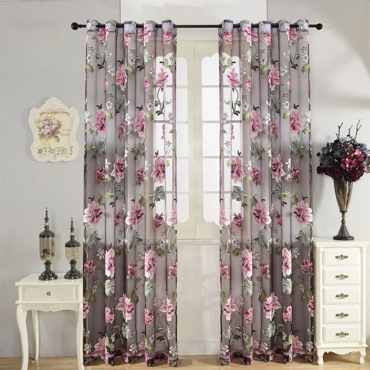 2 pz Tende Classiche in Tulle con Motivo Floreale Peonia, per Soggiorno, Camera da Letto, Stanza delle Bambine, con Occhielli, Viola e Rosa, Decorazioni per la Casa