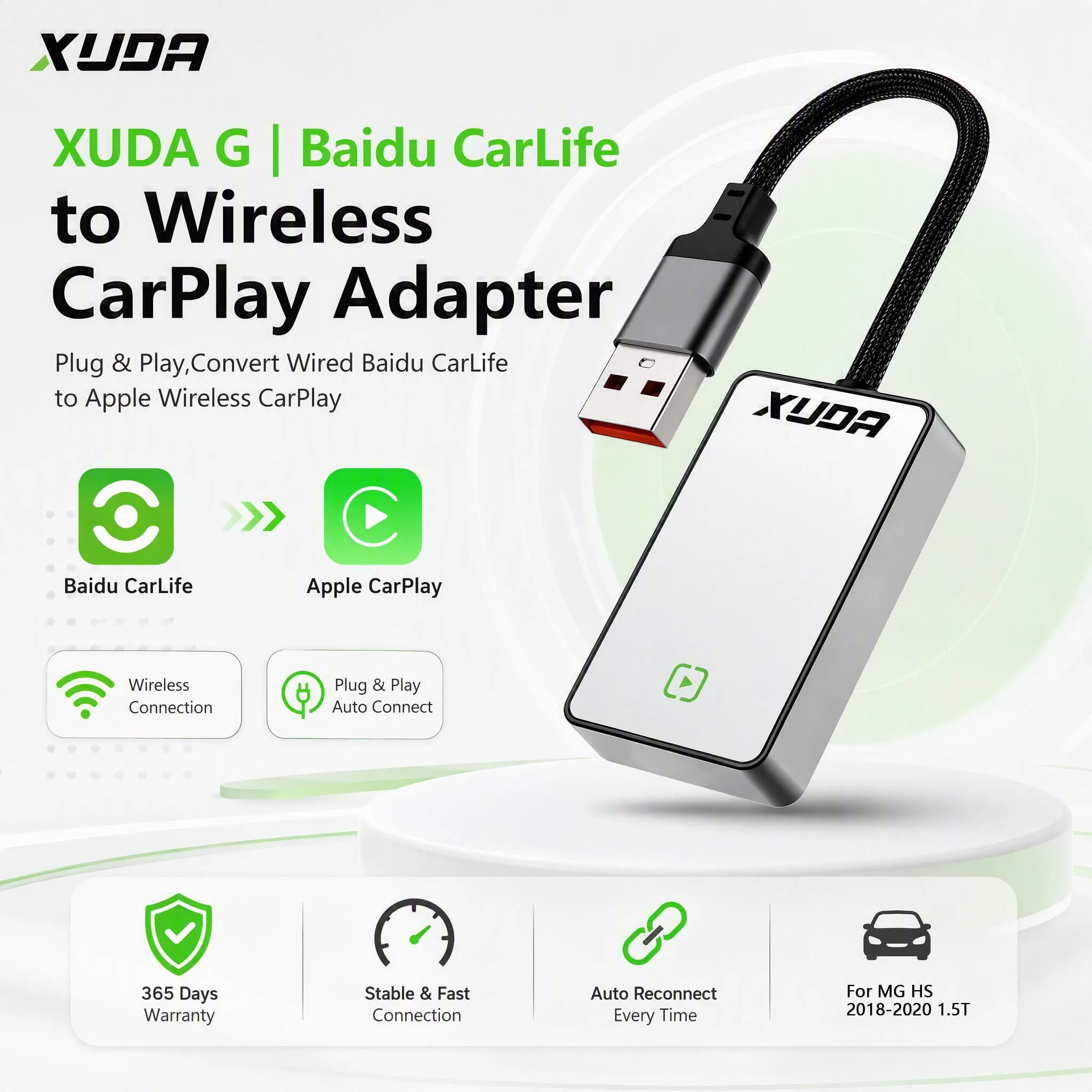 XUDA Smart Box for MG HS Wireless CarPlay adapter for factory Baidu CarLife systems—supports maps call and music; plug-and-play.