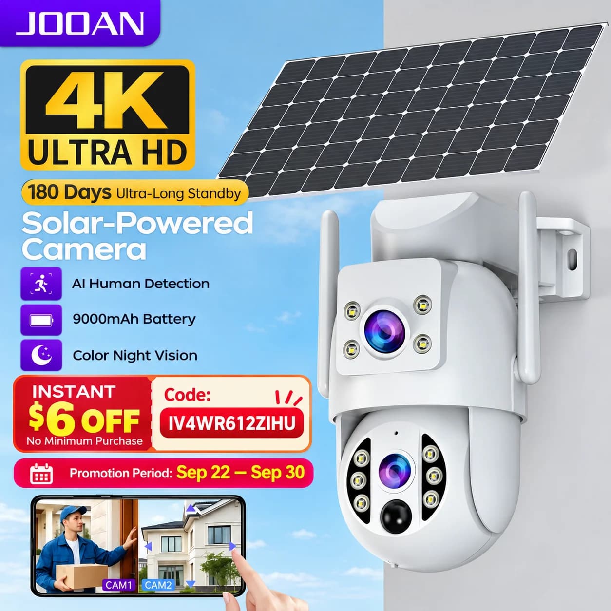 JOOAN 2K 4K Telecamera solare wireless WiFi esterno Doppia lente Batteria IP Cam Rilevamento umano Audio bidirezionale CCTV Monitor Video sorveglianza