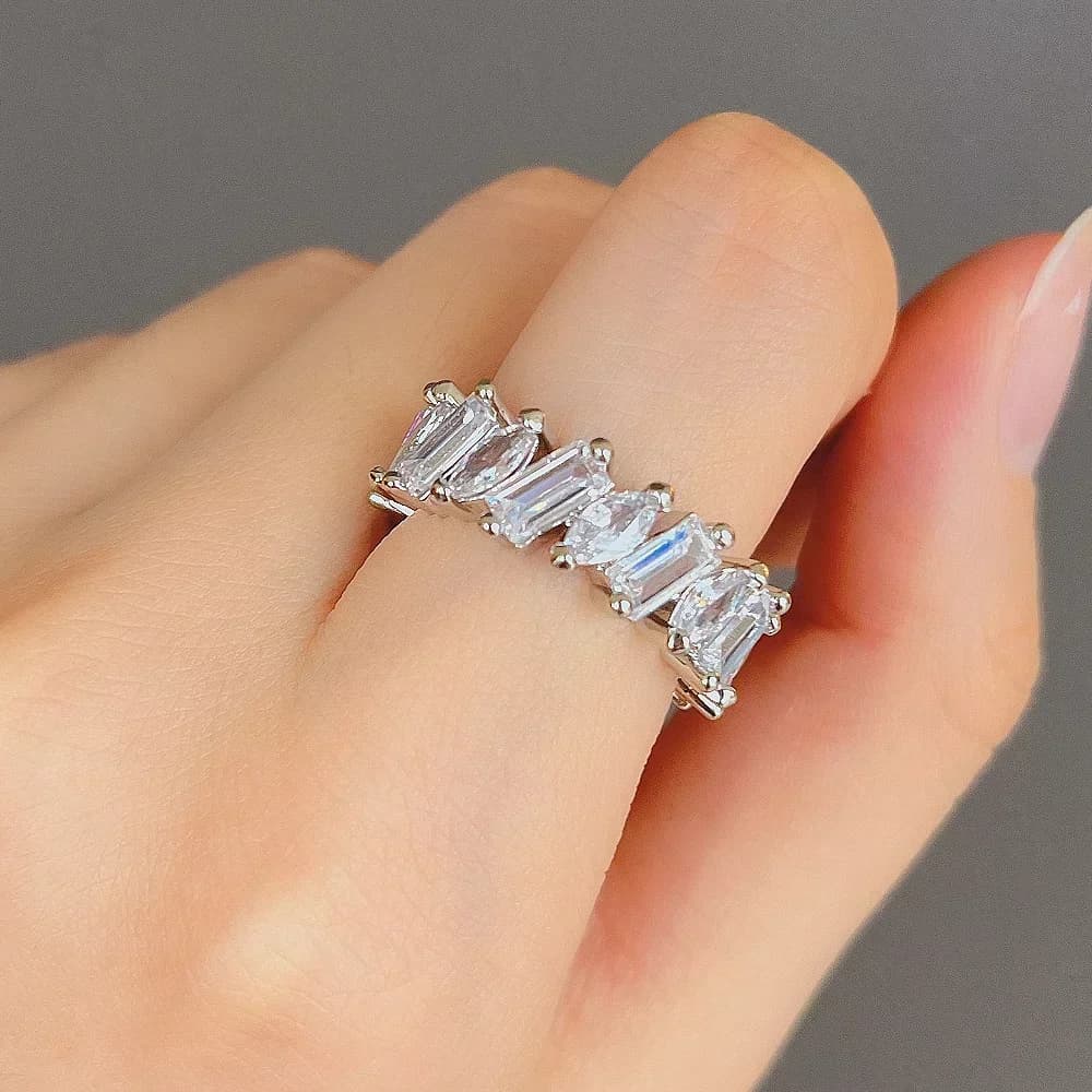Anelli con Zirconia Cubica a Forma Geometrica per Donne, Tendenza Matrimoniale, Gioielli Femminili di Lusso Color Argento