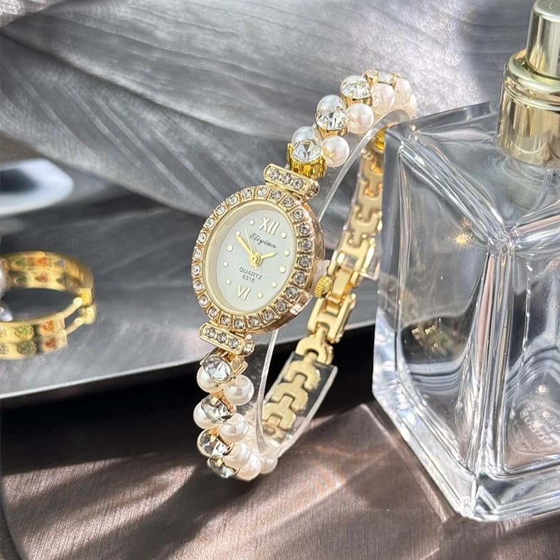 New Wrist Watch with Hot Pearls Women's Wrist Watch with Diamonds Studded Luxury Diamonds Wrist Watch with Oval Dial Dropshipping Watch