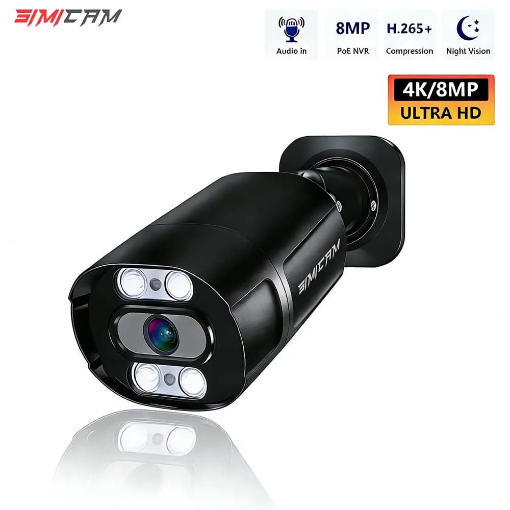 Telecamera IP PoE CCTV Ultra HD 4K per Esterni, Opzioni 8MP 5MP 4MP, Telecamera di Sorveglianza Onvif con Rilevamento Umano e Visione Notturna a Colori