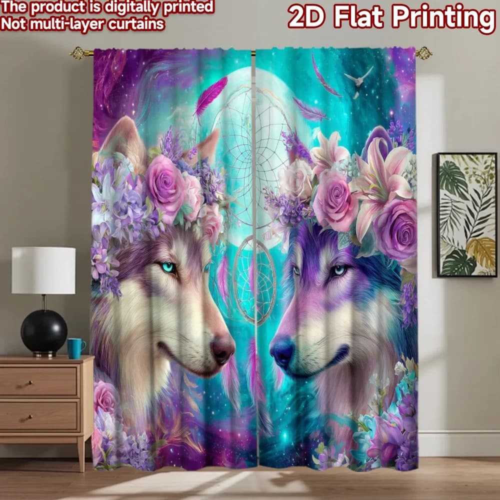 2D flat printing 2pcs Curtains Dreamcatcher Wolf Floral Boho Digital Printed Polyester Drapes Festive Wall Decor Perfect for