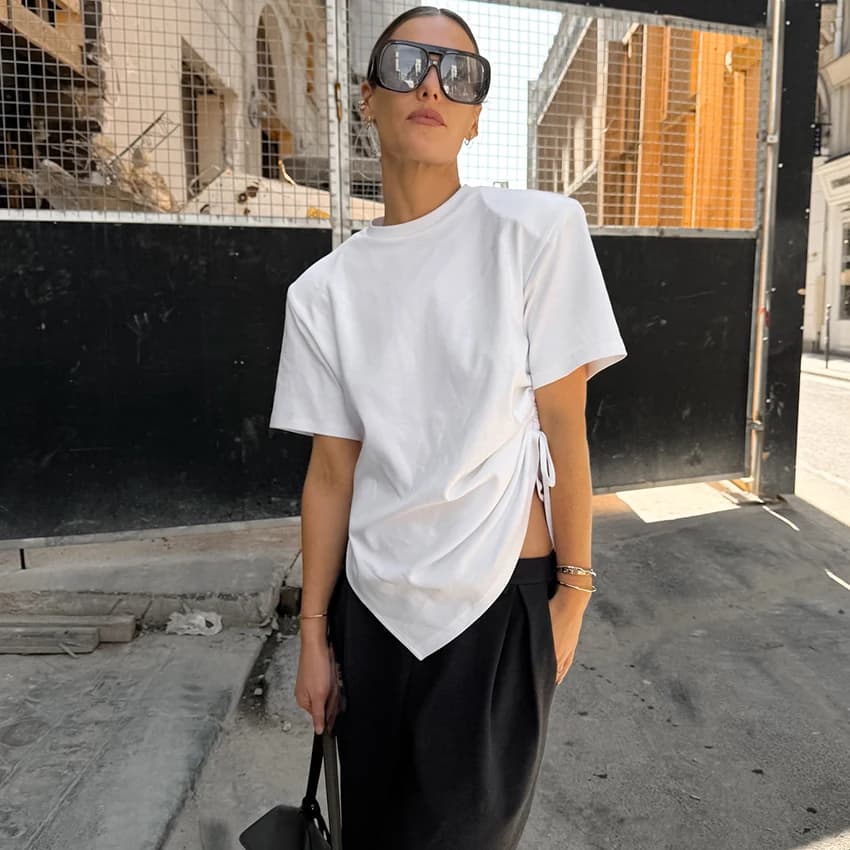 Linad Street Chic White O Neck Drawstring Tees 2026 Summer Casual Knit Short Sleeve T Shirts Fashion Loose Irregular Tops Women