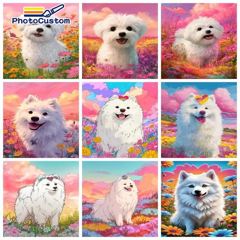 PhotoCustom White Dog Paint By Numbers Hand Painting Animal Acrylic Painting on Canvas Painting Decor Diy Making Kits