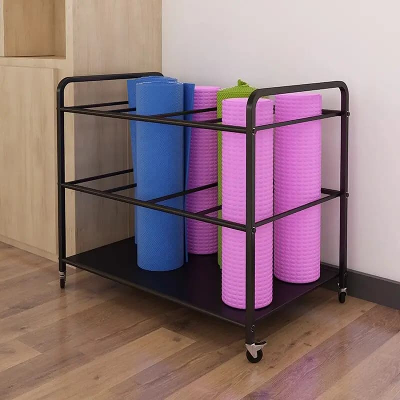 Yoga mat holder, yoga and gym studio organizer, mobile storage for mats and foam rollers