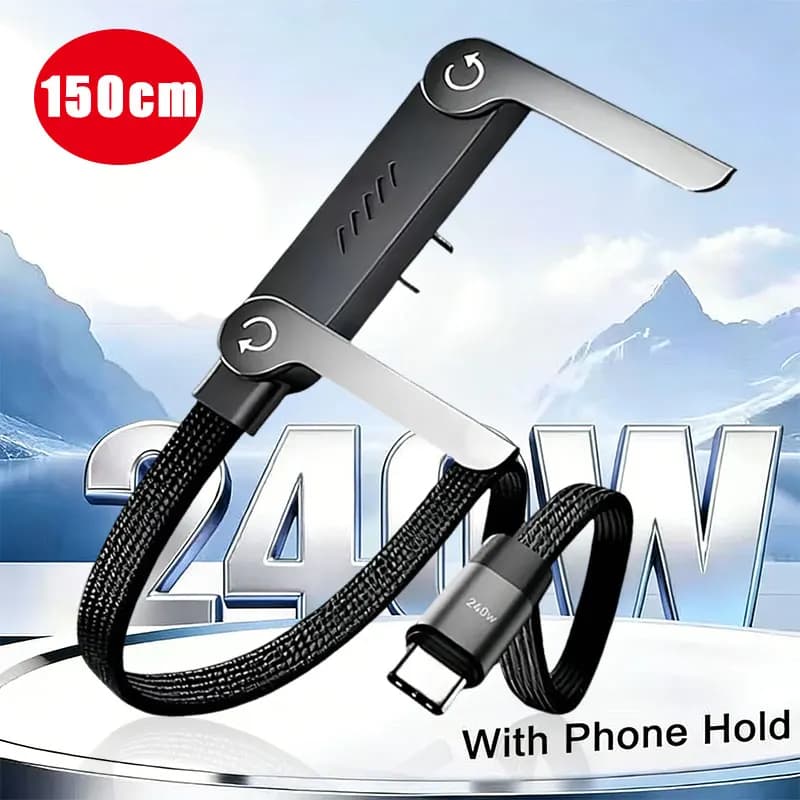 Cavo Dati Pieghevole 2-in-1 con Supporto, Ricarica Rapida 240W, Cavo Type-C a Type-C con Supporto per Telefono per Tablet e Smartphone