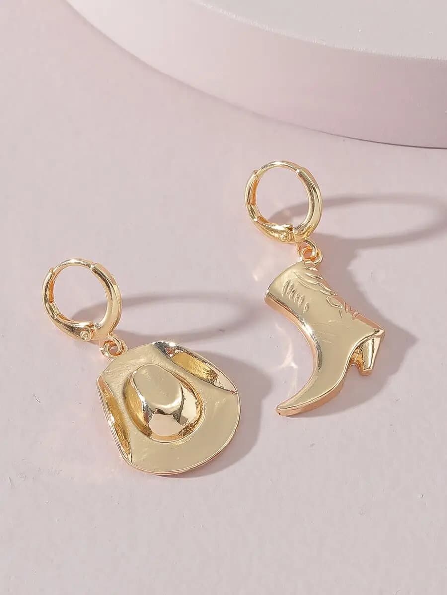 Gold-Tone Asymmetrical Drop Earrings With Cowboy Hat And Western Boot Charms On Lever-Back Hooks