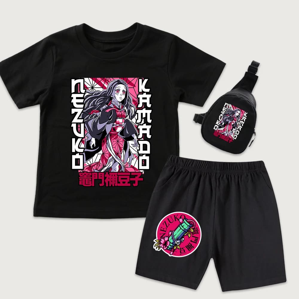 Demon Slayer Nezuko Anime Print Kids Cotton T Shirt and Shorts Set with Mini Shoulder Bag 3 Piece Casual Outfits for Boys Girls