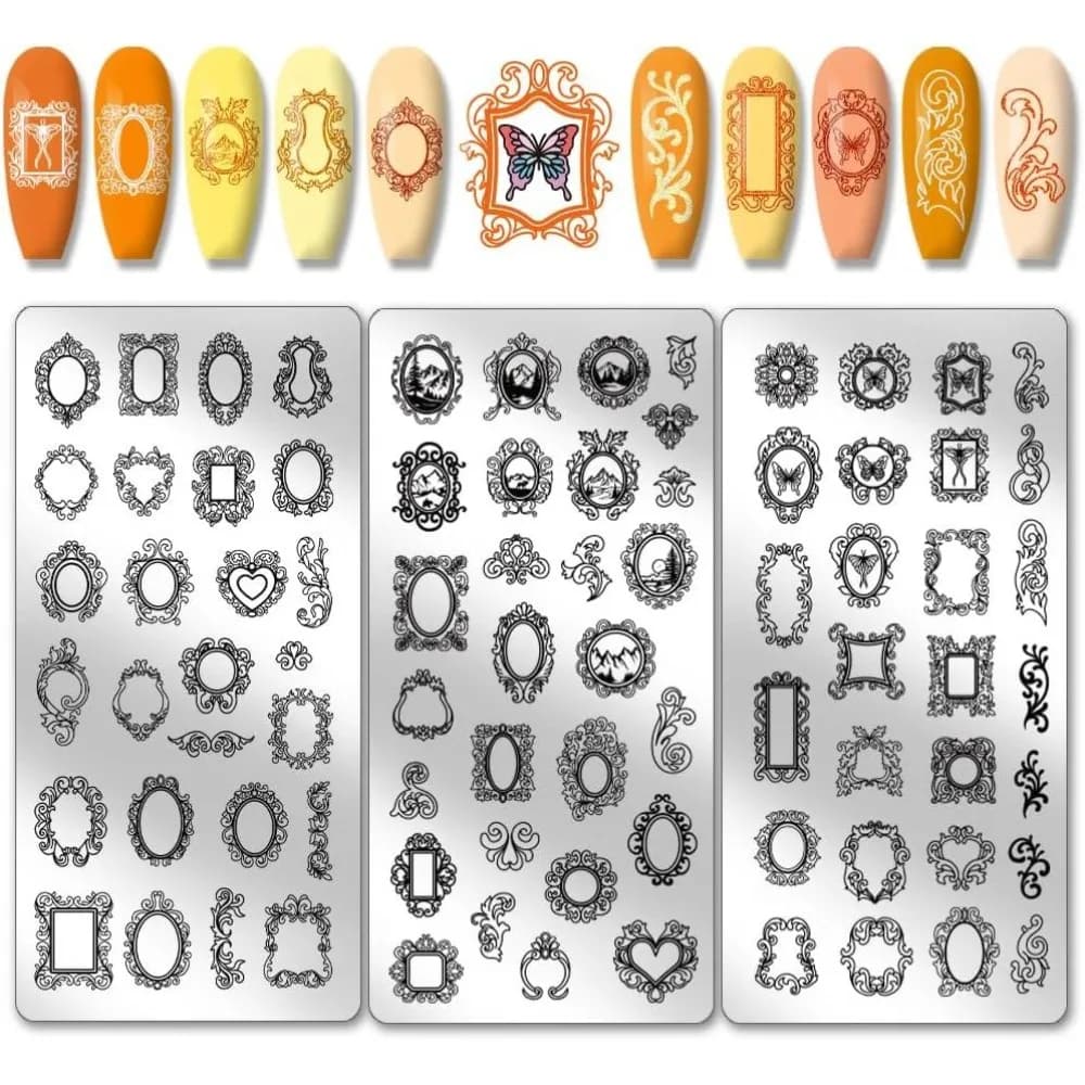 3pcs Vintage Picture Frame Nail Stamping Plates Mixed Photo Frame Landscape Nail Art Templates Nail Art Stencils Image Plates