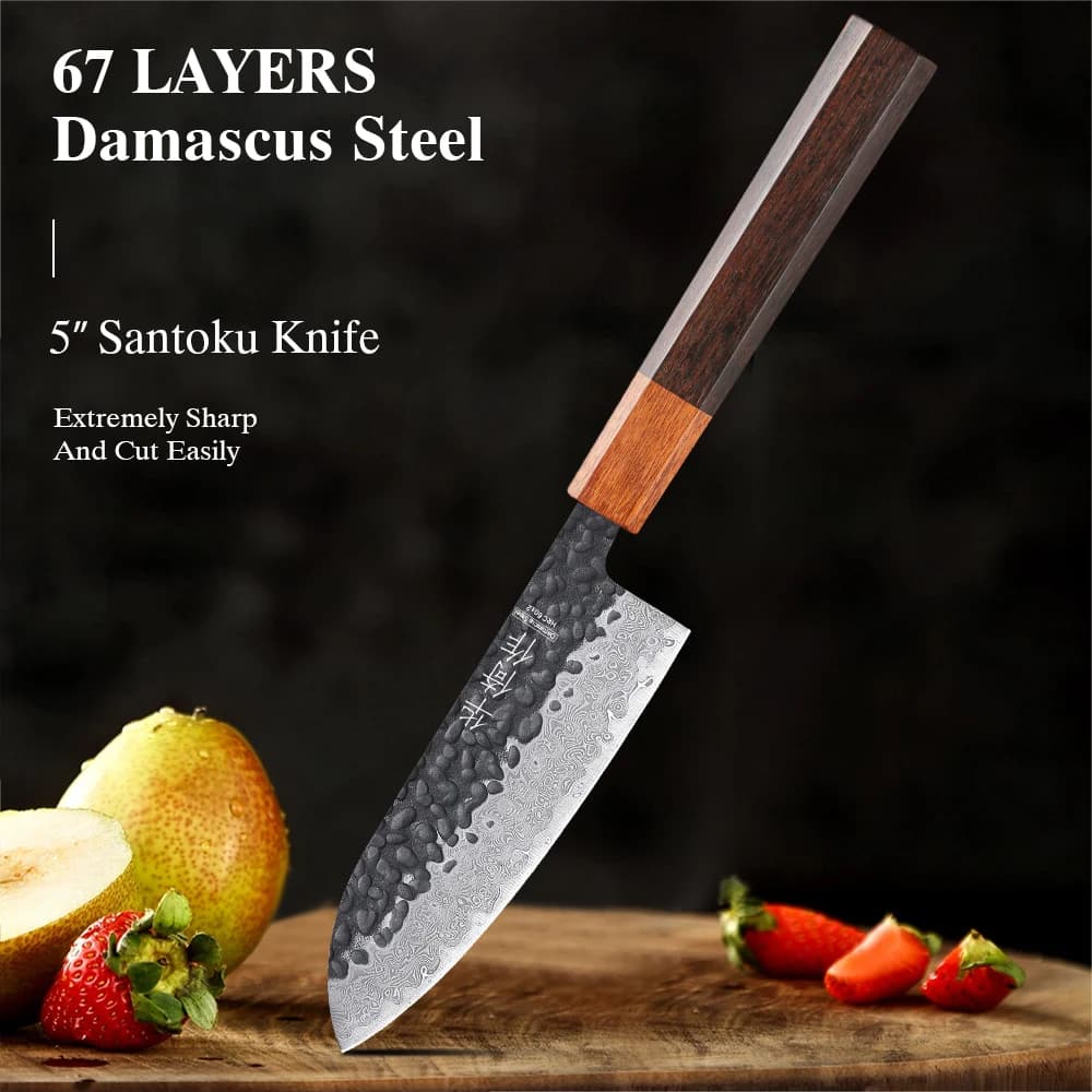 5 Inch Japanese Hand Forged Santoku Knife Professional chef knives in Damascus steel Kitchen utilities Sharp mannaia Cooking tools