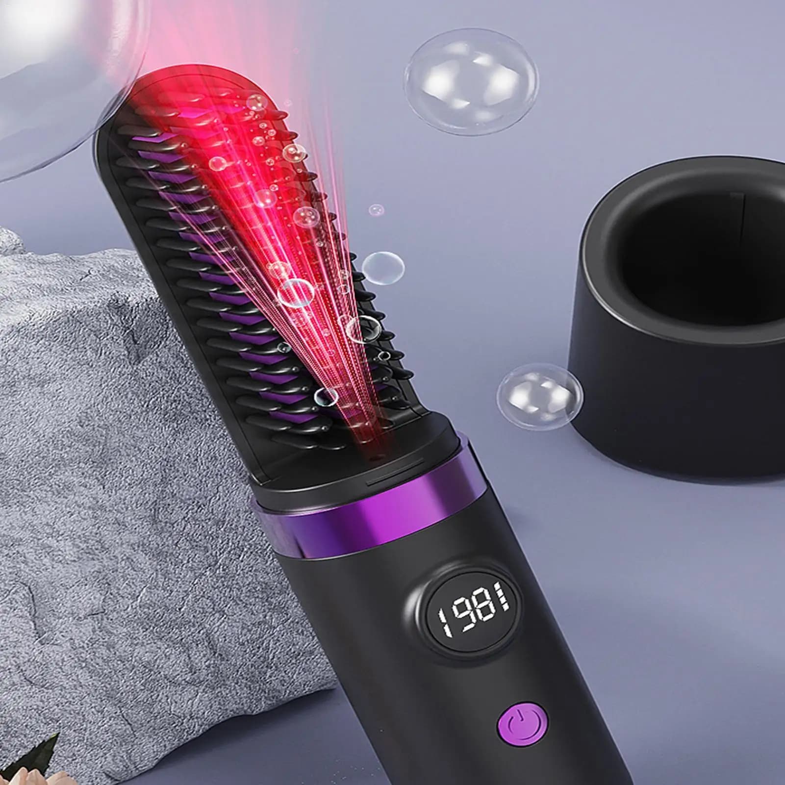 Cordless Hair Straightener Brush LED Display Wireless Hair Flat Iron with 3 Gears Styling Flat Iron Brush for Travel Salon