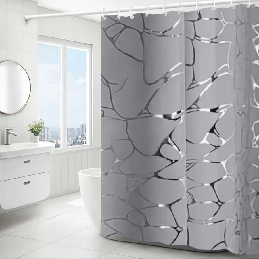 Tenda da doccia moderna con motivo astratto Decorazione da bagno impermeabile Accessori da bagno di lusso dal design grigio nero